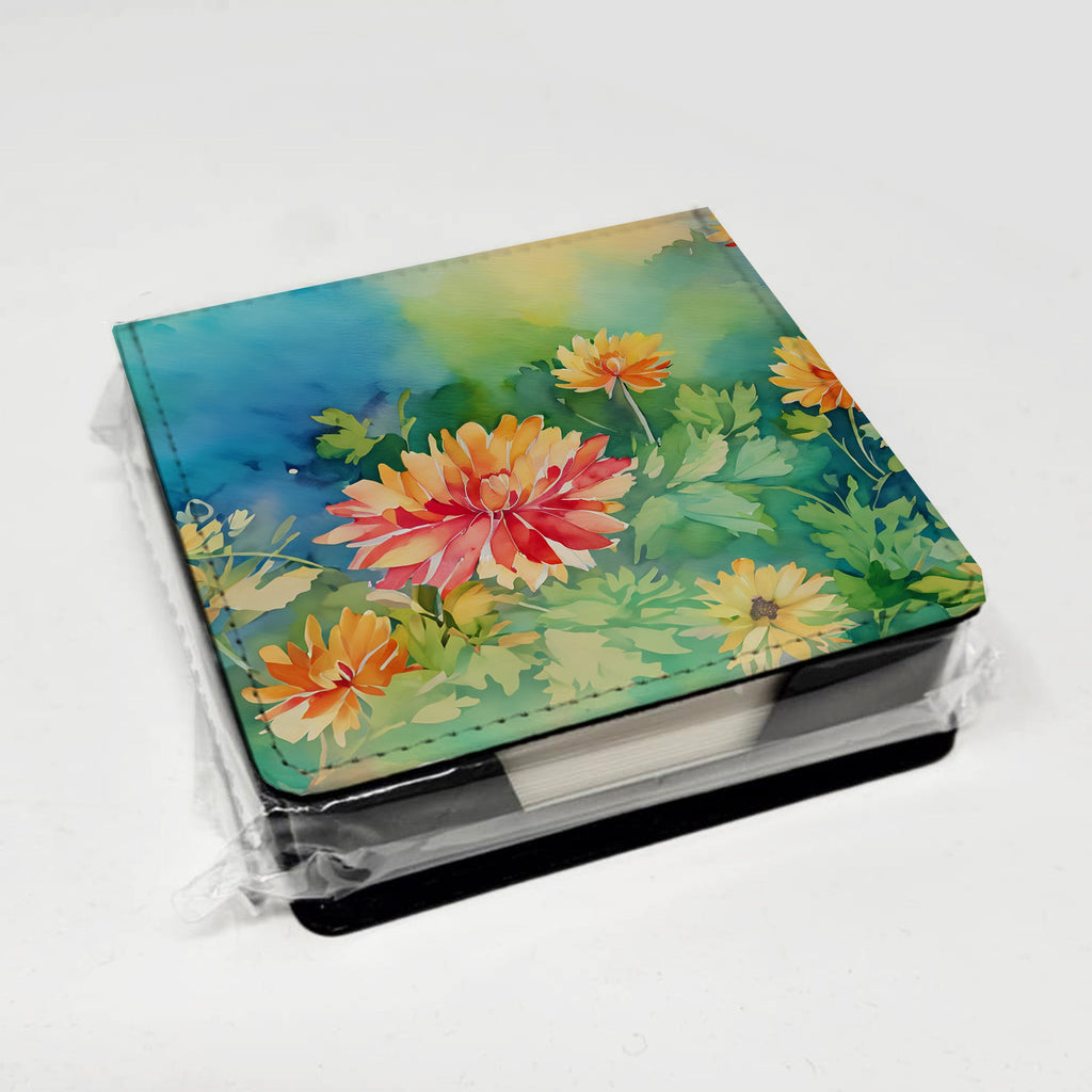 Chrysanthemums in Watercolor PU Leather Note Paper Holder with Artist-Designed Cover, Desk Accessory, Office Gift