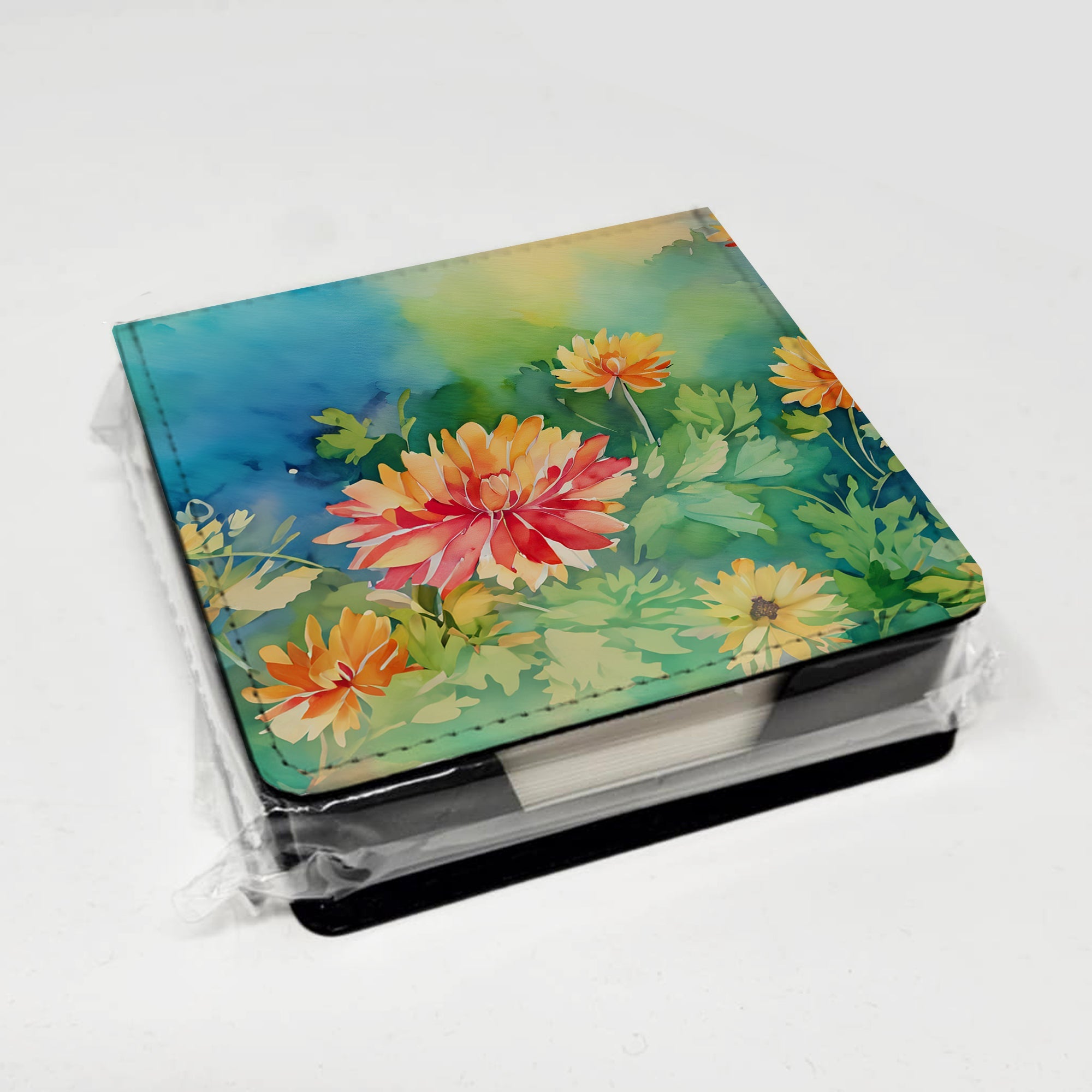 Chrysanthemums in Watercolor PU Leather Note Paper Holder with Artist-Designed Cover, Desk Accessory, Office Gift