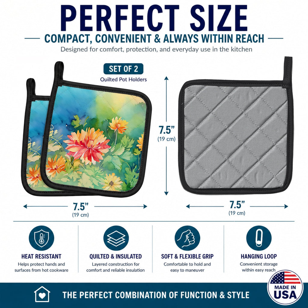 Chrysanthemums in Watercolor Pot Holder Set of 2 Heat Resistant Quilted Hot Pads 7.5 x 7.5 Inch, Insulated Kitchen Trivets for Cooking & Baking