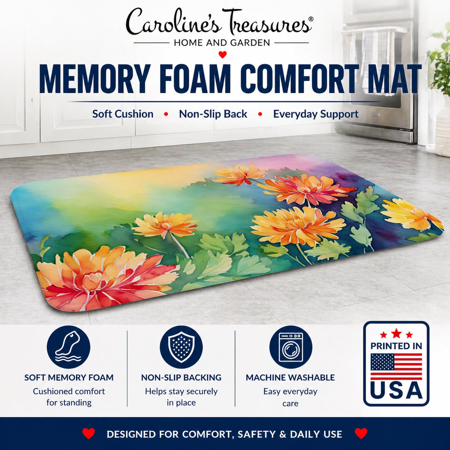 Chrysanthemums in Watercolor Memory Foam Kitchen Mat Machine Washable Anti-Fatigue Cushion Comfort Bath or Kitchen Rug