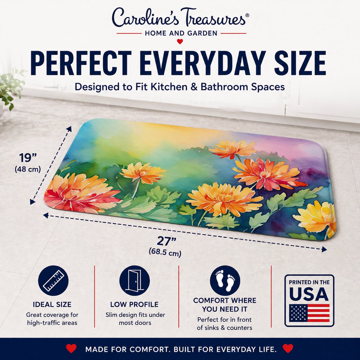 Chrysanthemums in Watercolor Memory Foam Kitchen Mat Machine Washable Anti-Fatigue Cushion Comfort Bath or Kitchen Rug
