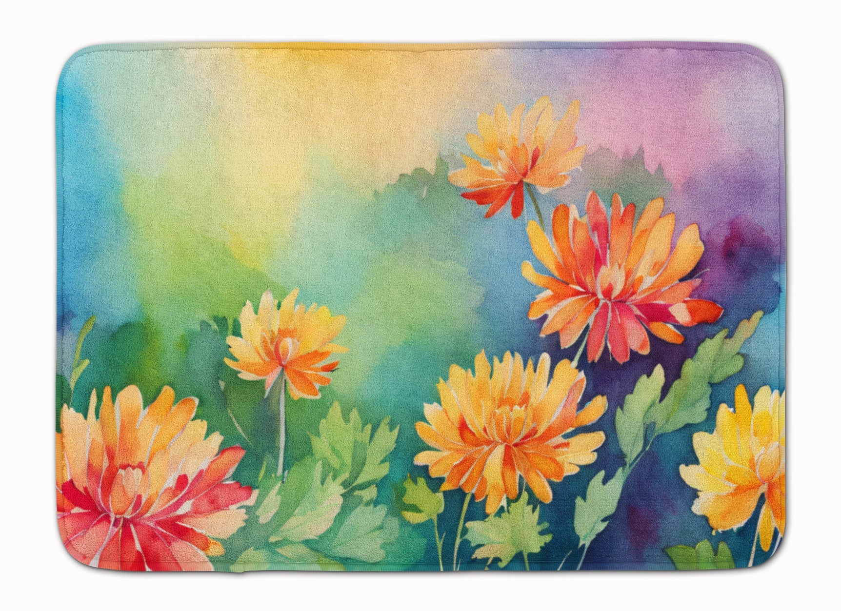 Chrysanthemums in Watercolor Memory Foam Kitchen Mat Machine Washable Anti-Fatigue Cushion Comfort Bath or Kitchen Rug