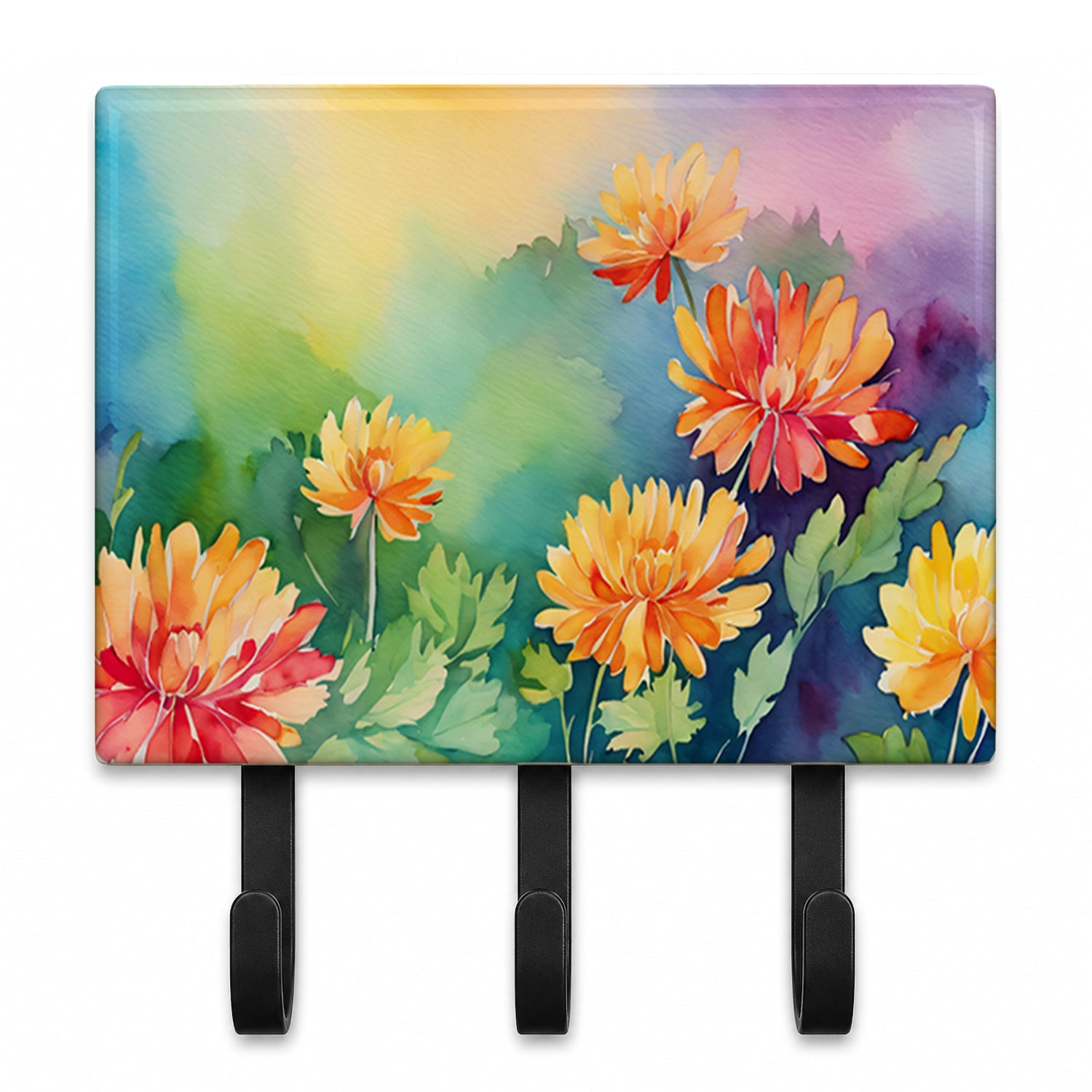 Chrysanthemums in Watercolor Leash or Key Holder Wall Hooks, Coat Rack Wall Mount, for Hanging Keys, Towels, Aprons, Leashes
