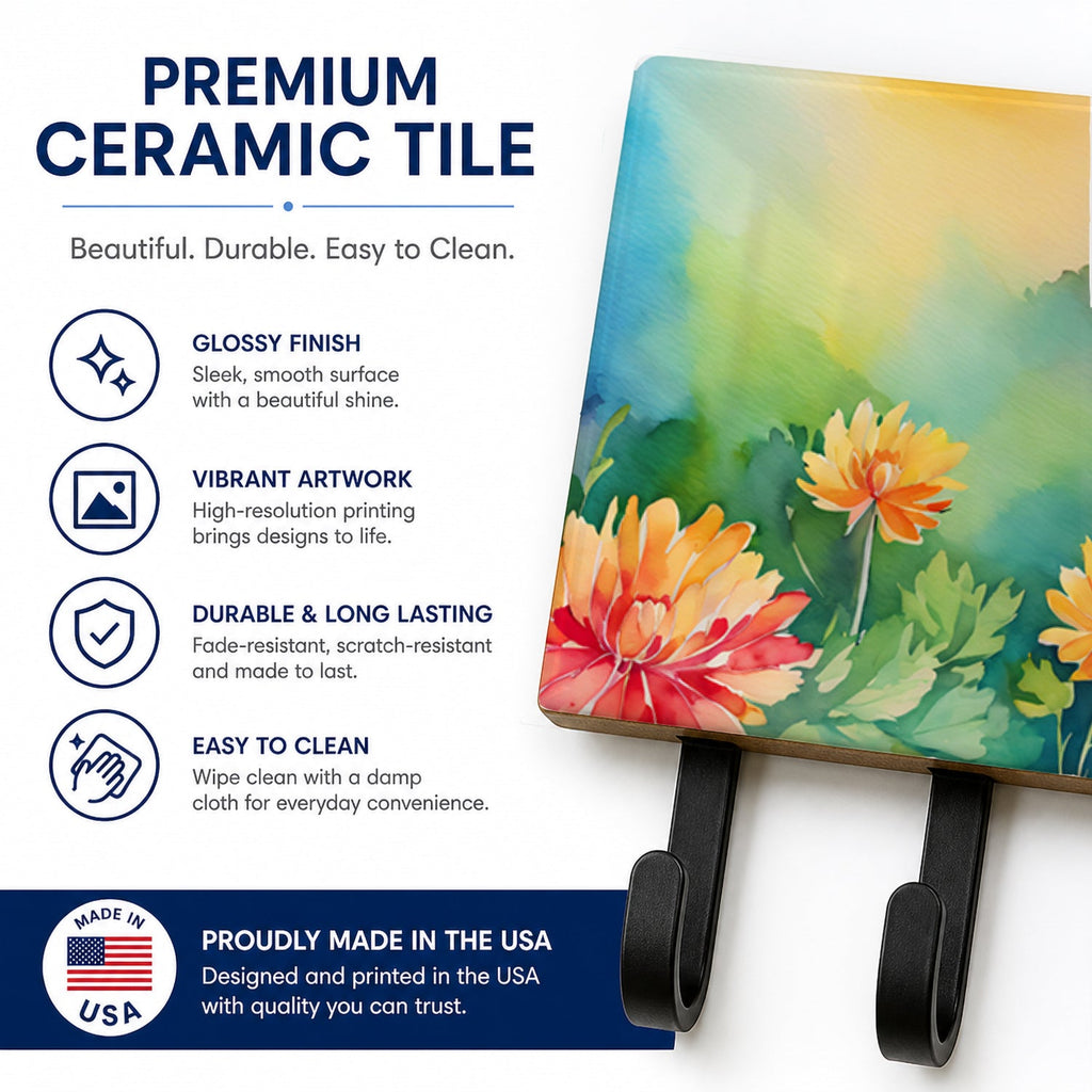 Chrysanthemums in Watercolor Leash or Key Holder Wall Hooks, Coat Rack Wall Mount, for Hanging Keys, Towels, Aprons, Leashes