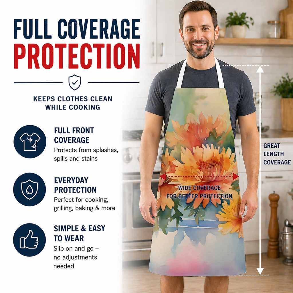 Chrysanthemums in Watercolor Apron Cooking Kitchen Server Baking Crafts Gardening for Adult Women Men, Unisex, Large, Multicolor