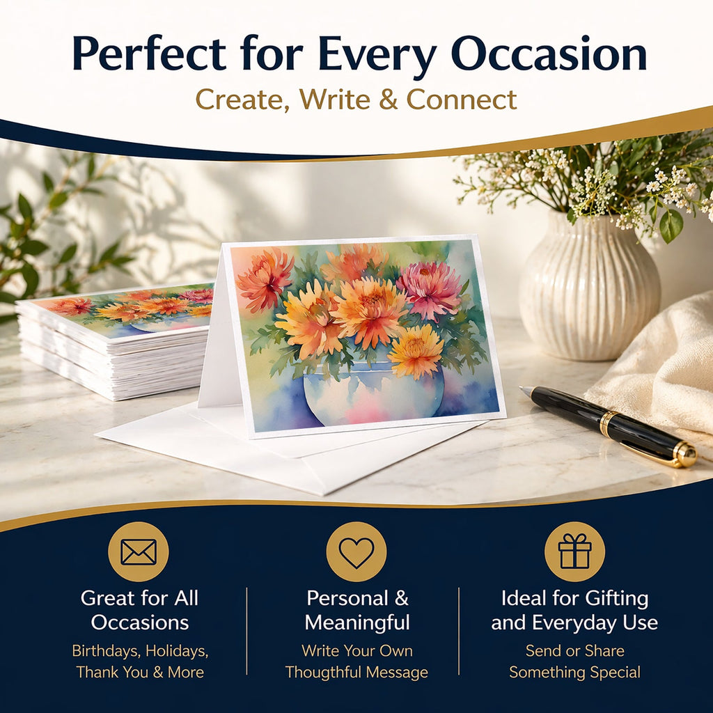 Chrysanthemums in Watercolor Greeting Cards Pack of 8 Blank Cards with Envelopes Whimsical A7 Size 5x7