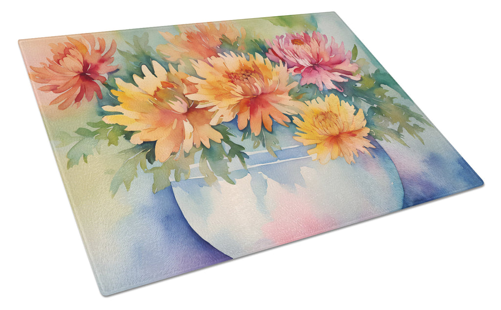 Chrysanthemums in Watercolor Cutting Board Tempered Glass Kitchen Cutting Surface, Heat Resistant Chopping, Non-Slip Feet, Food Prep & Serving