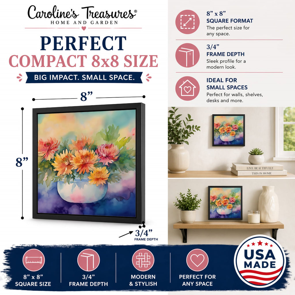 Chrysanthemums in Watercolor Framed Metal Print Bathroom, Kitchen, Office, Home Decor Wall Art Ready to Hang, Square, 8X8