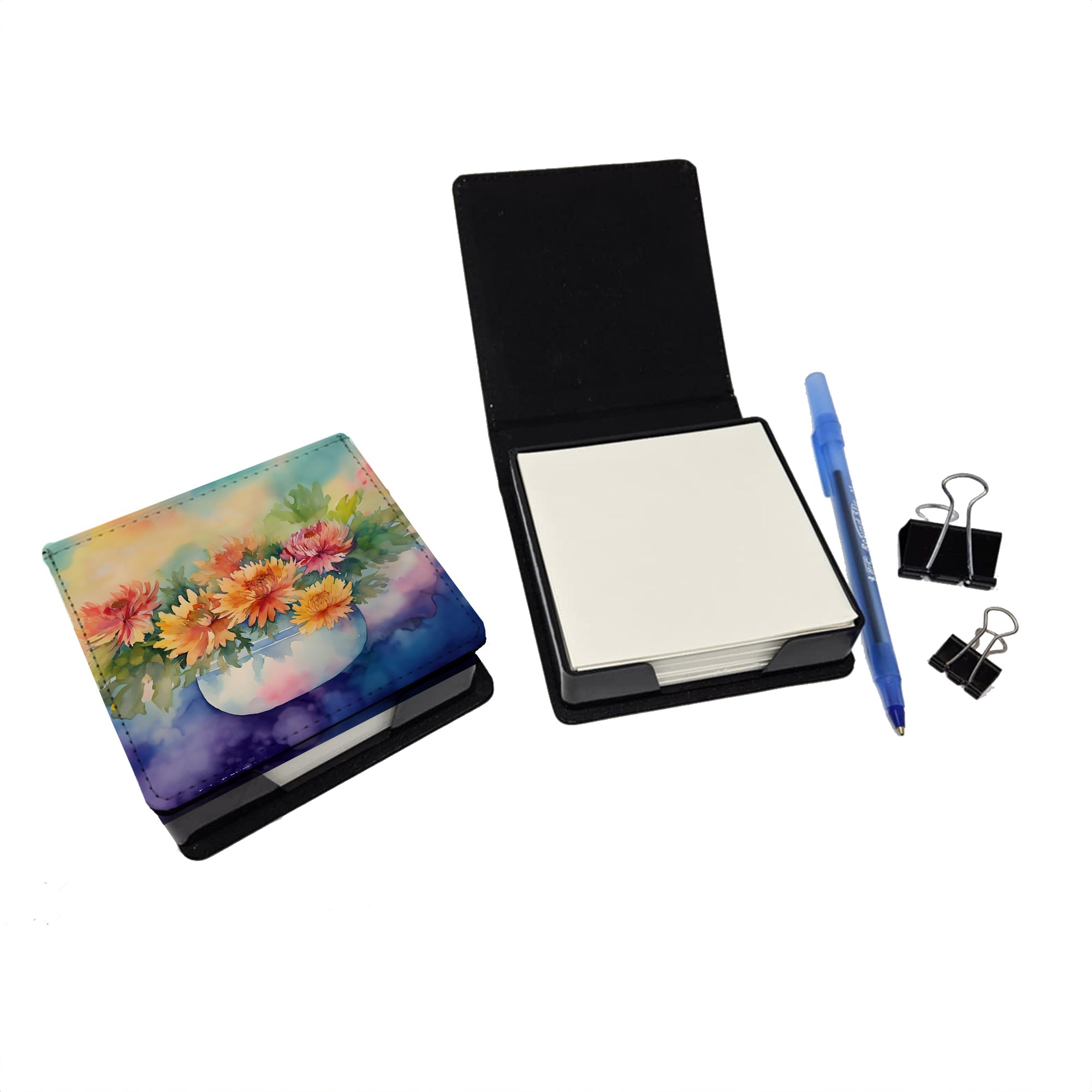 Chrysanthemums in Watercolor PU Leather Note Paper Holder with Artist-Designed Cover, Desk Accessory, Office Gift