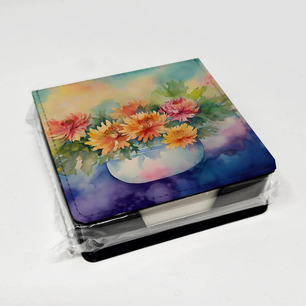 Chrysanthemums in Watercolor PU Leather Note Paper Holder with Artist-Designed Cover, Desk Accessory, Office Gift