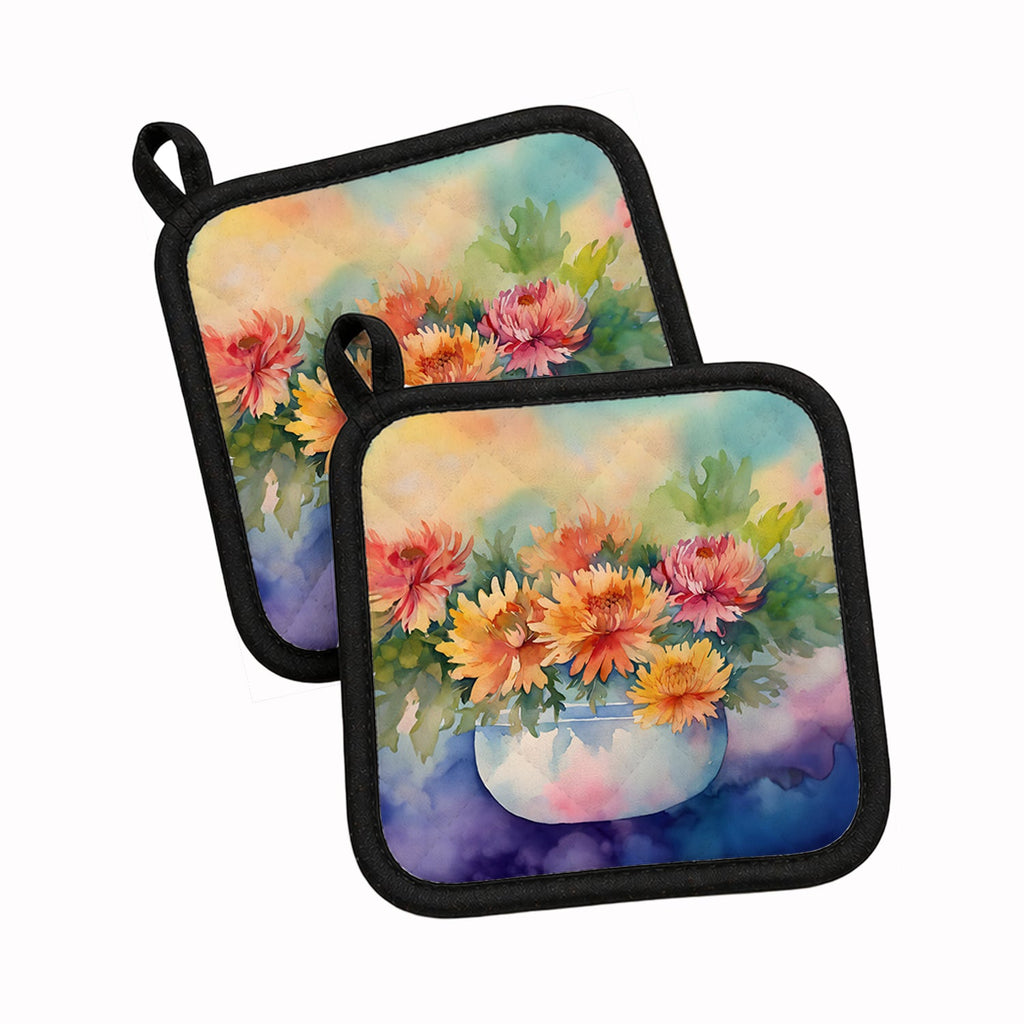 Chrysanthemums in Watercolor Pot Holder Set of 2 Heat Resistant Quilted Hot Pads 7.5 x 7.5 Inch, Insulated Kitchen Trivets for Cooking & Baking