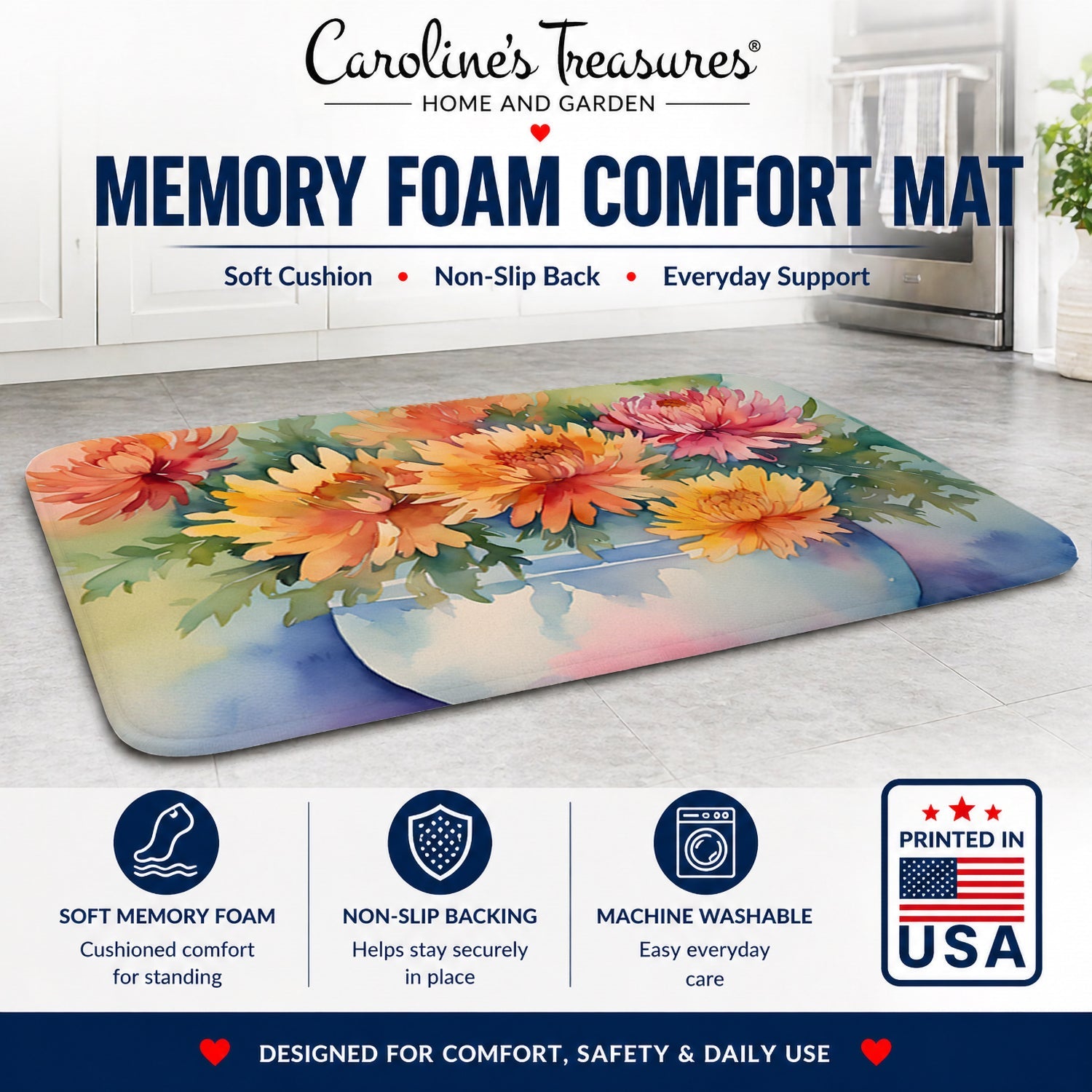 Chrysanthemums in Watercolor Memory Foam Kitchen Mat Machine Washable Anti-Fatigue Cushion Comfort Bath or Kitchen Rug