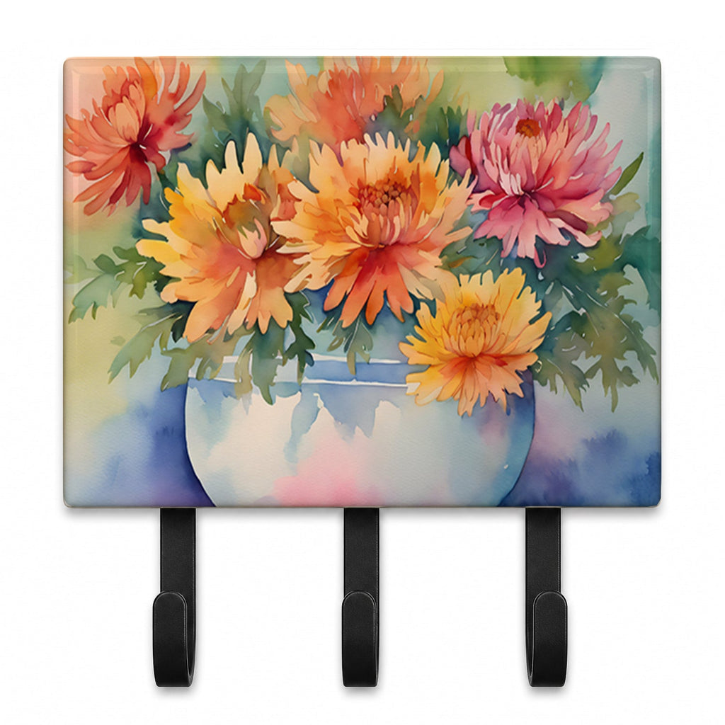 Chrysanthemums in Watercolor Leash or Key Holder Wall Hooks, Coat Rack Wall Mount, for Hanging Keys, Towels, Aprons, Leashes