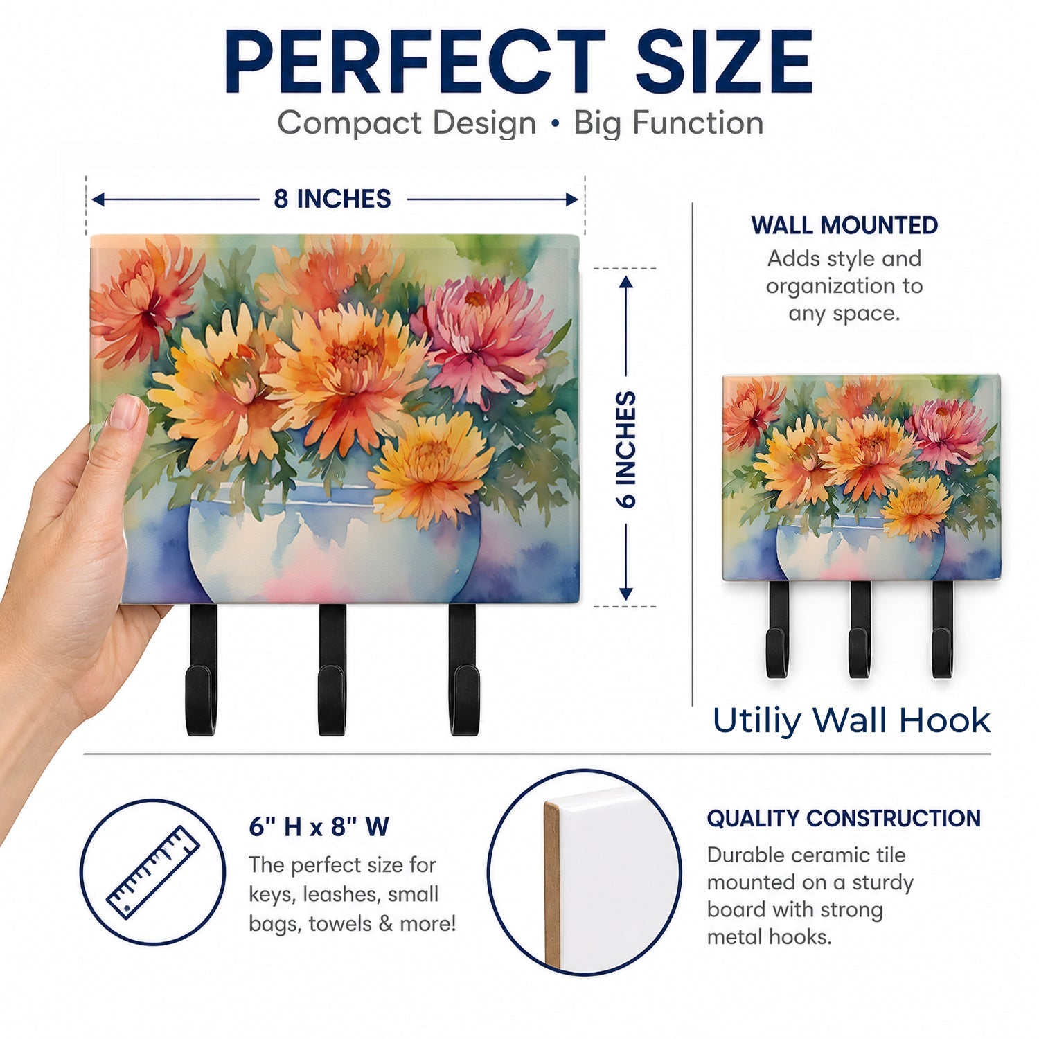 Chrysanthemums in Watercolor Leash or Key Holder Wall Hooks, Coat Rack Wall Mount, for Hanging Keys, Towels, Aprons, Leashes