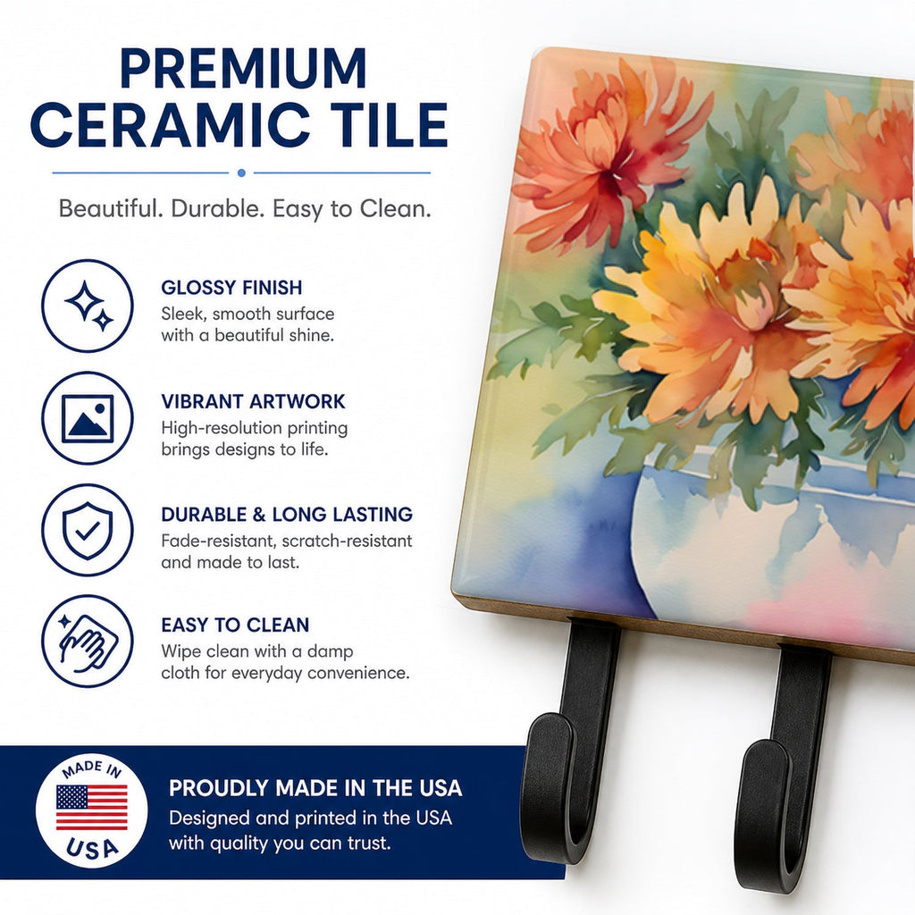 Chrysanthemums in Watercolor Leash or Key Holder Wall Hooks, Coat Rack Wall Mount, for Hanging Keys, Towels, Aprons, Leashes
