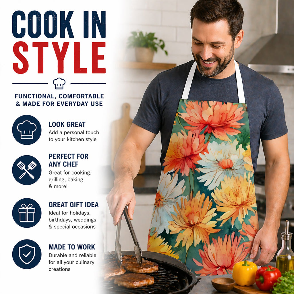 Chrysanthemums in Watercolor Apron Cooking Kitchen Server Baking Crafts Gardening for Adult Women Men, Unisex, Large, Multicolor