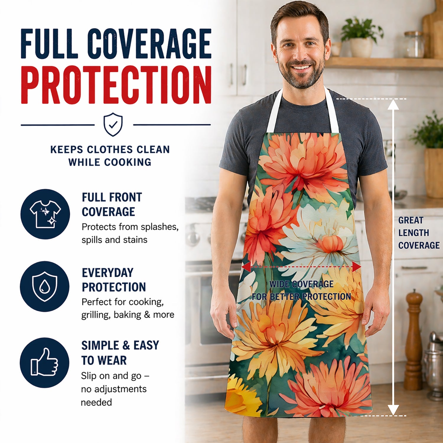 Chrysanthemums in Watercolor Apron Cooking Kitchen Server Baking Crafts Gardening for Adult Women Men, Unisex, Large, Multicolor