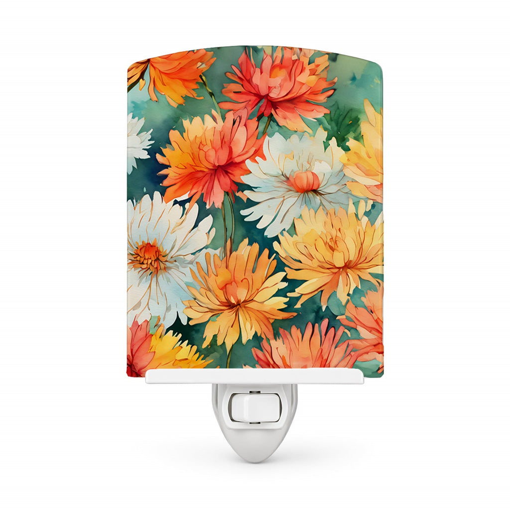 Chrysanthemums in Watercolor Ceramic Night Light Compact, UL-Certified, Ideal for Bedroom, Bathroom, Nursery, Hallway, Kitchen, 6x4x3, Multicolor