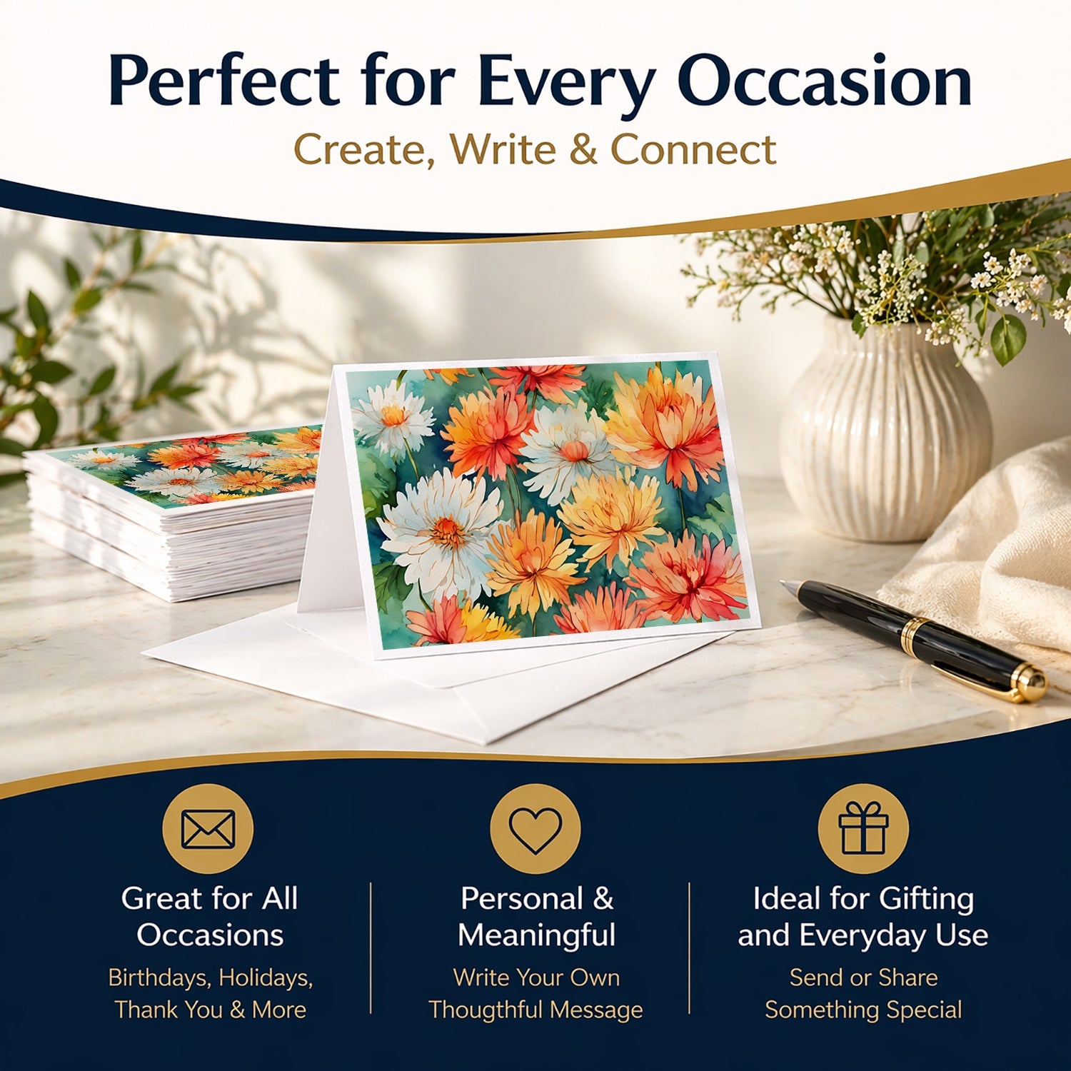 Chrysanthemums in Watercolor Greeting Cards Pack of 8 Blank Cards with Envelopes Whimsical A7 Size 5x7