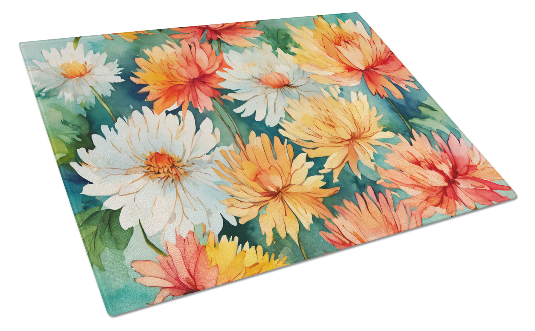 Chrysanthemums in Watercolor Cutting Board Tempered Glass Kitchen Cutting Surface, Heat Resistant Chopping, Non-Slip Feet, Food Prep & Serving