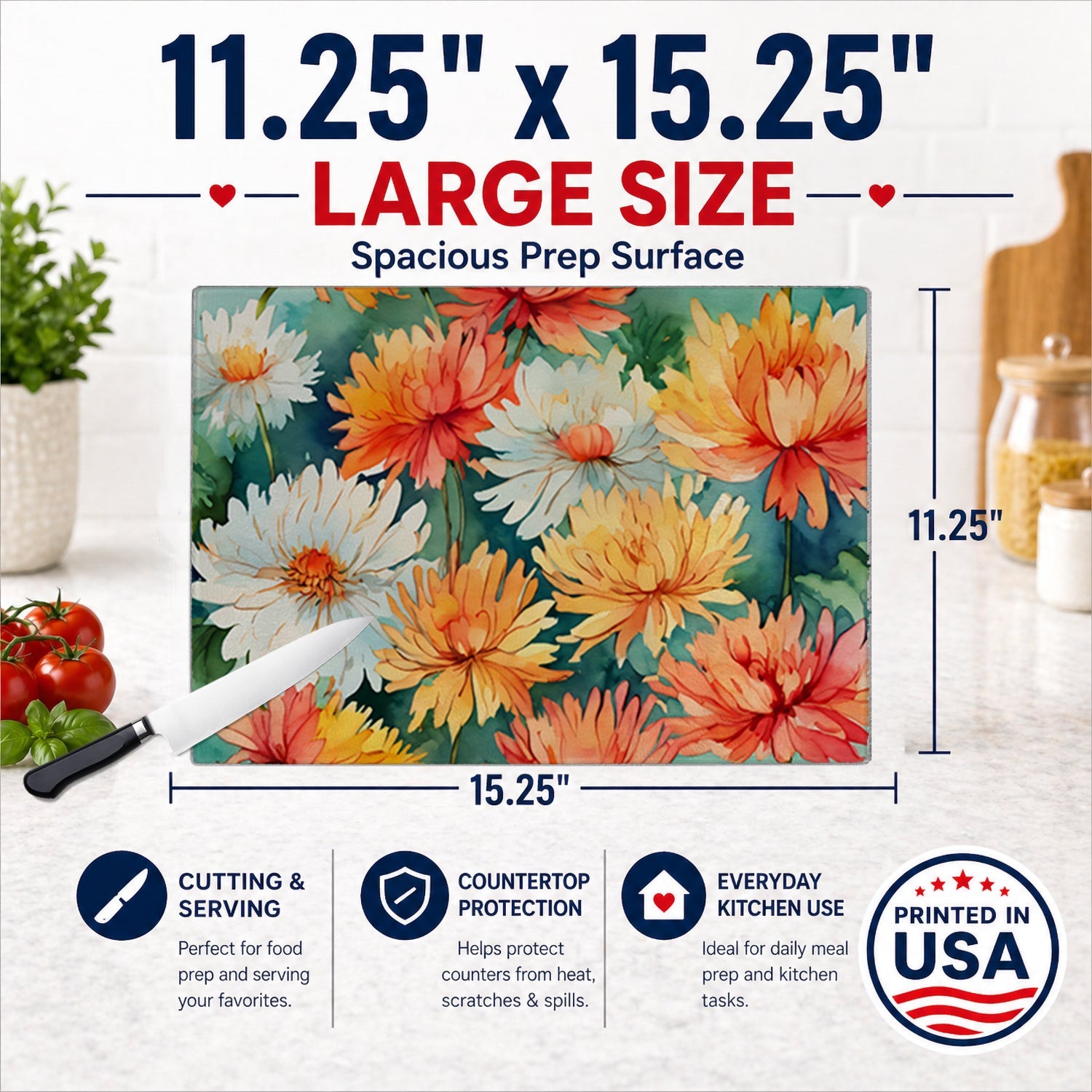 Chrysanthemums in Watercolor Cutting Board Tempered Glass Kitchen Cutting Surface, Heat Resistant Chopping, Non-Slip Feet, Food Prep & Serving