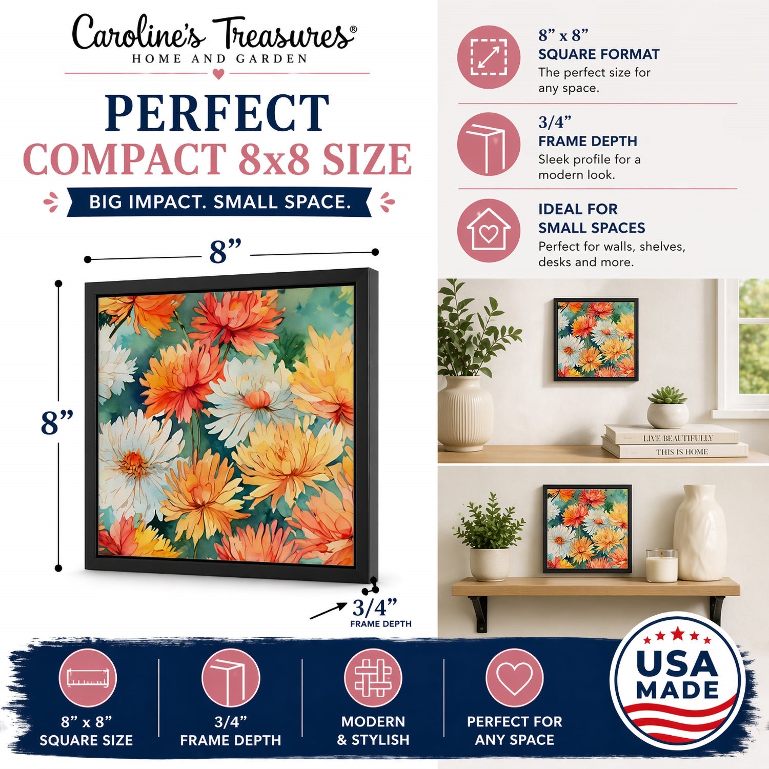 Chrysanthemums in Watercolor Framed Metal Print Bathroom, Kitchen, Office, Home Decor Wall Art Ready to Hang, Square, 8X8