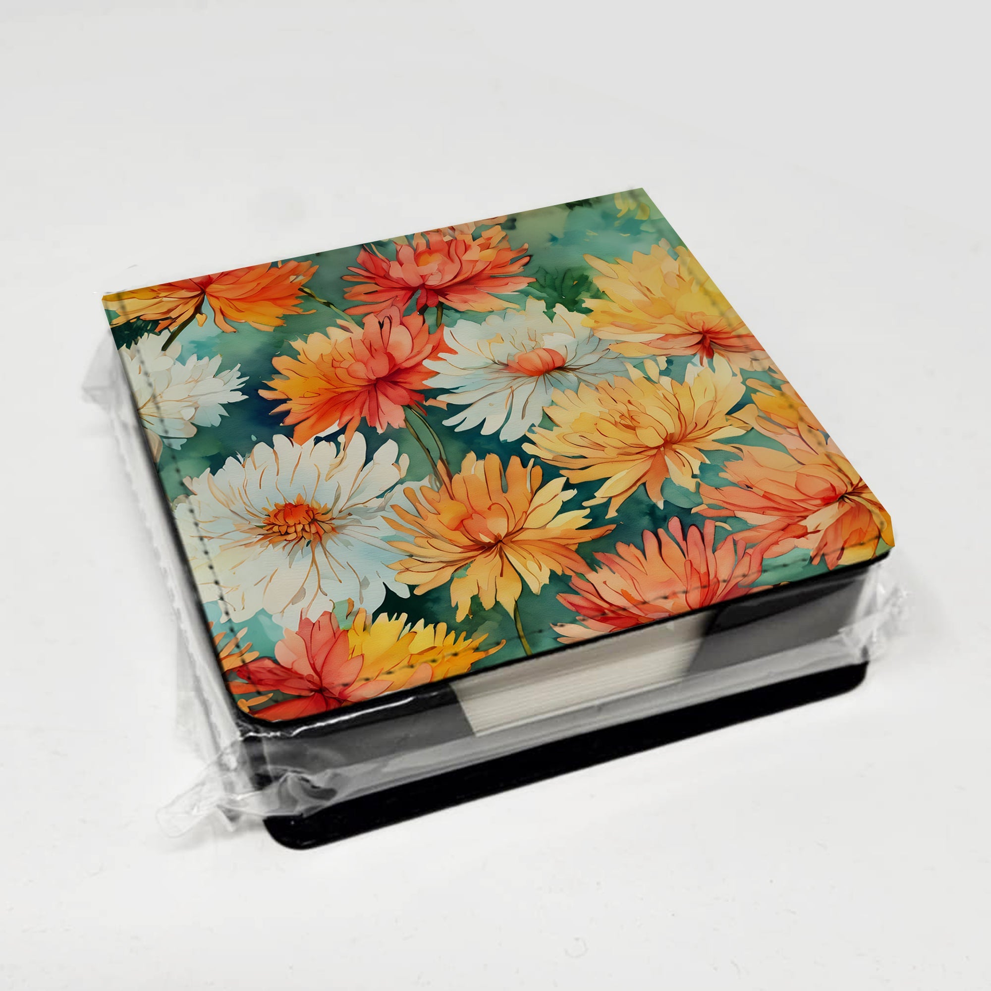 Chrysanthemums in Watercolor PU Leather Note Paper Holder with Artist-Designed Cover, Desk Accessory, Office Gift