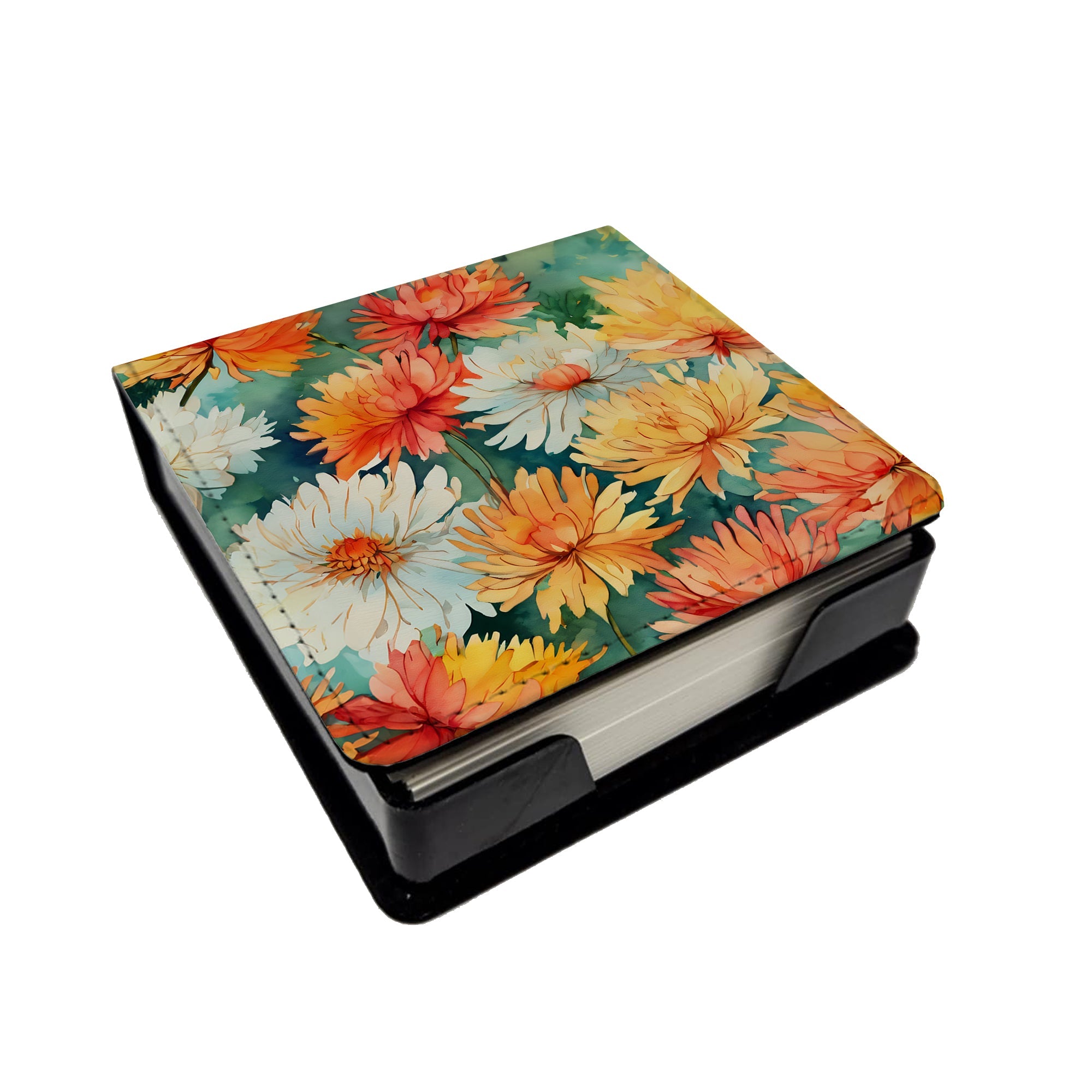 Chrysanthemums in Watercolor PU Leather Note Paper Holder with Artist-Designed Cover, Desk Accessory, Office Gift
