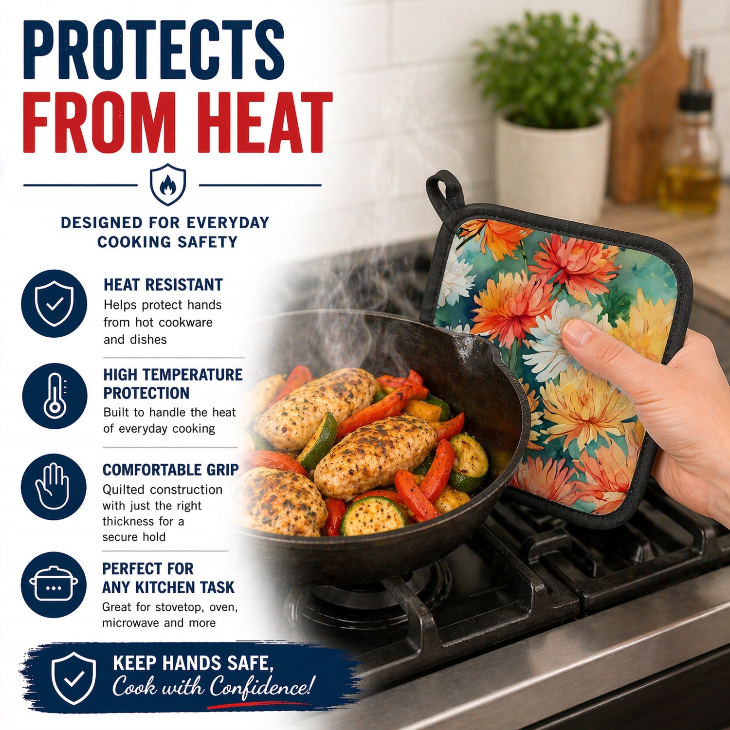 Chrysanthemums in Watercolor Pot Holder Set of 2 Heat Resistant Quilted Hot Pads 7.5 x 7.5 Inch, Insulated Kitchen Trivets for Cooking & Baking
