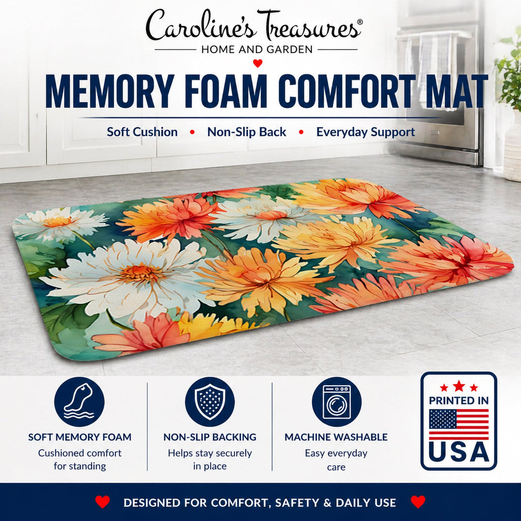 Chrysanthemums in Watercolor Memory Foam Kitchen Mat Machine Washable Anti-Fatigue Cushion Comfort Bath or Kitchen Rug
