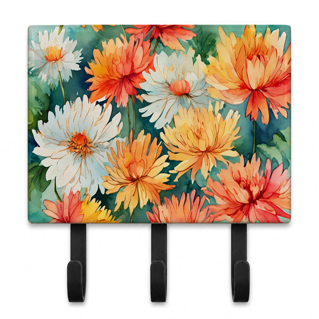 Chrysanthemums in Watercolor Leash or Key Holder Wall Hooks, Coat Rack Wall Mount, for Hanging Keys, Towels, Aprons, Leashes