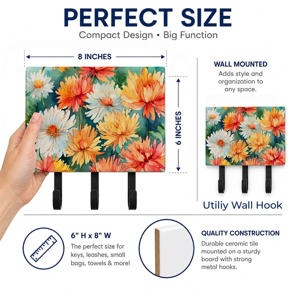 Chrysanthemums in Watercolor Leash or Key Holder Wall Hooks, Coat Rack Wall Mount, for Hanging Keys, Towels, Aprons, Leashes