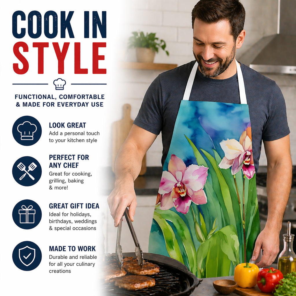 Orchids in Watercolor Apron Cooking Kitchen Server Baking Crafts Gardening for Adult Women Men, Unisex, Large, Multicolor