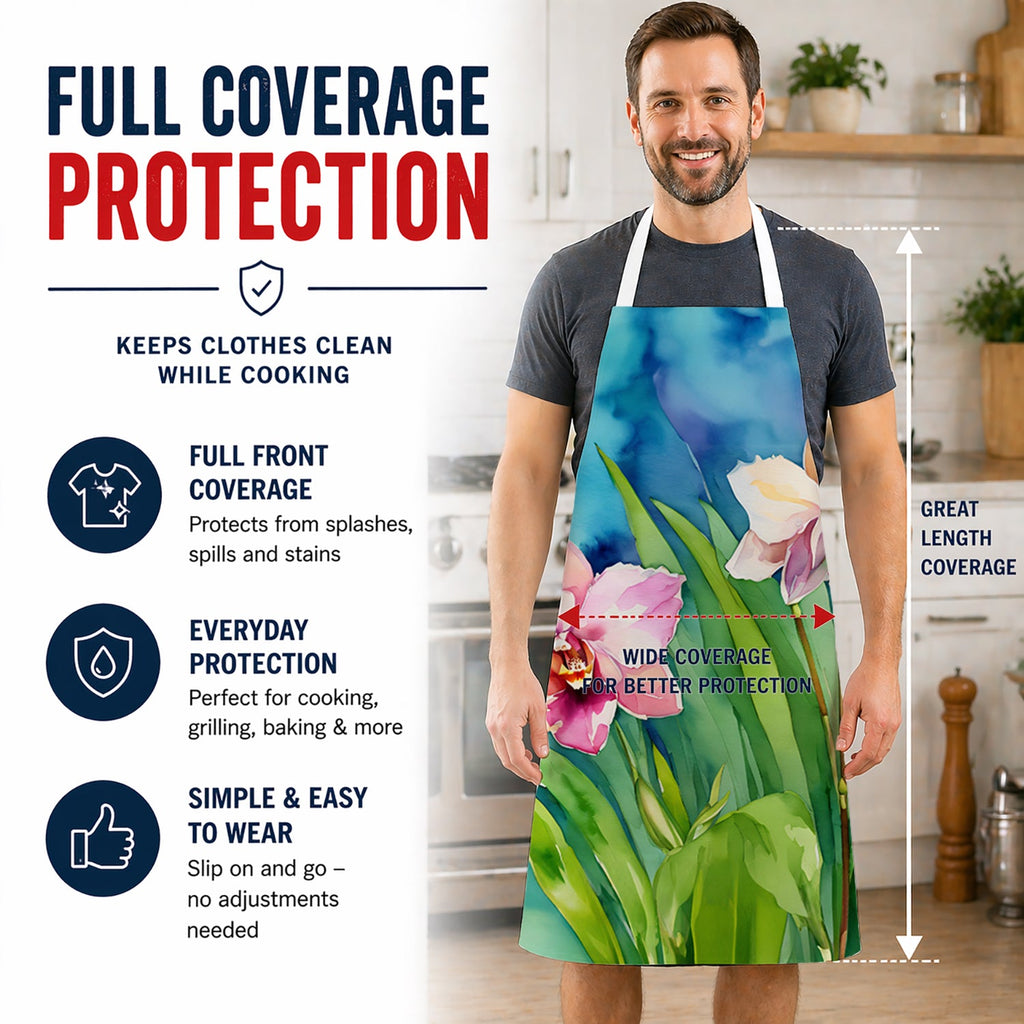 Orchids in Watercolor Apron Cooking Kitchen Server Baking Crafts Gardening for Adult Women Men, Unisex, Large, Multicolor