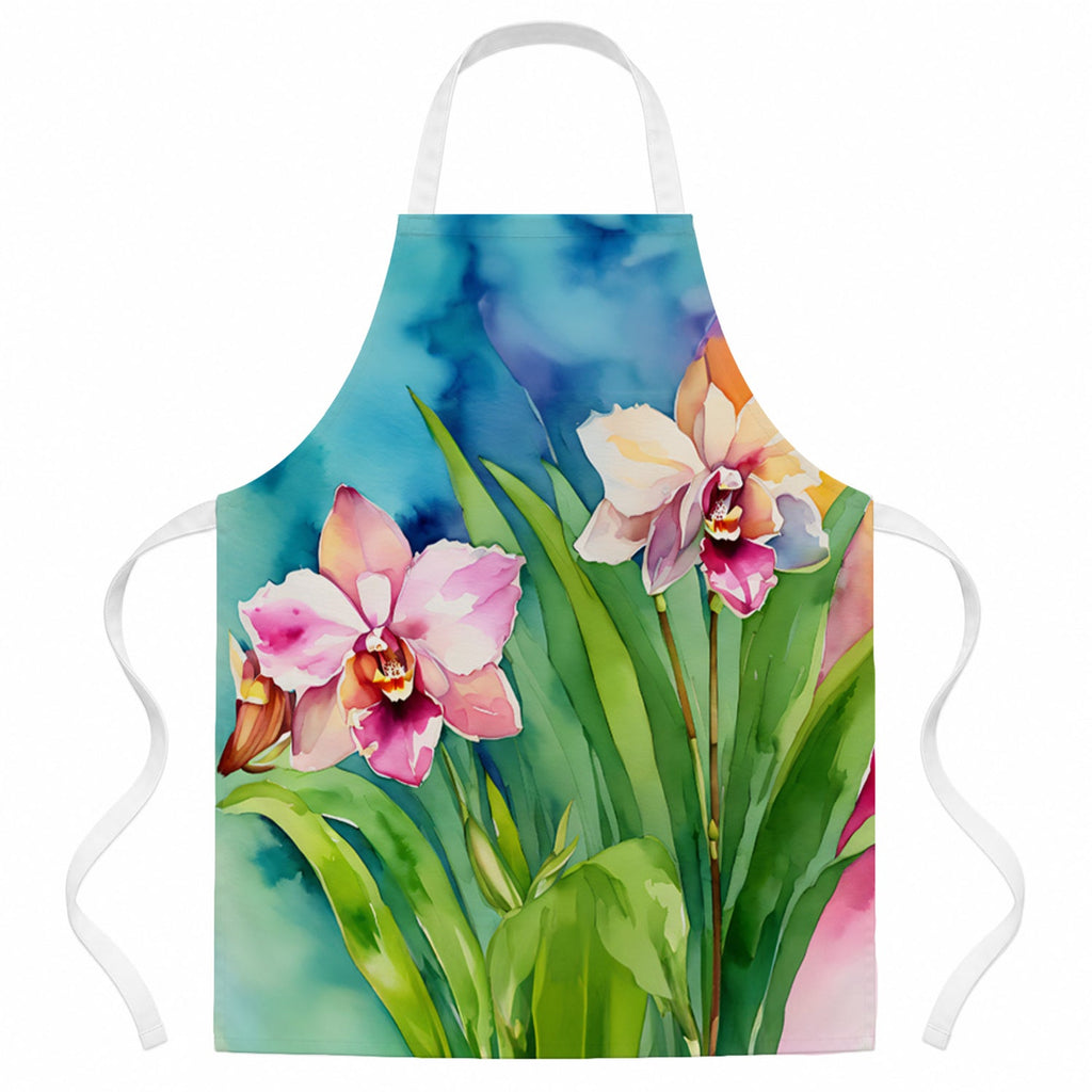 Orchids in Watercolor Apron Cooking Kitchen Server Baking Crafts Gardening for Adult Women Men, Unisex, Large, Multicolor