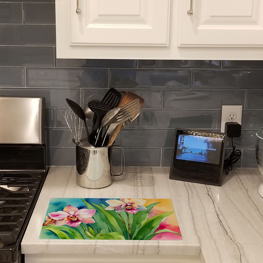 Orchids in Watercolor Cutting Board Tempered Glass Kitchen Cutting Surface, Heat Resistant Chopping, Non-Slip Feet, Food Prep & Serving