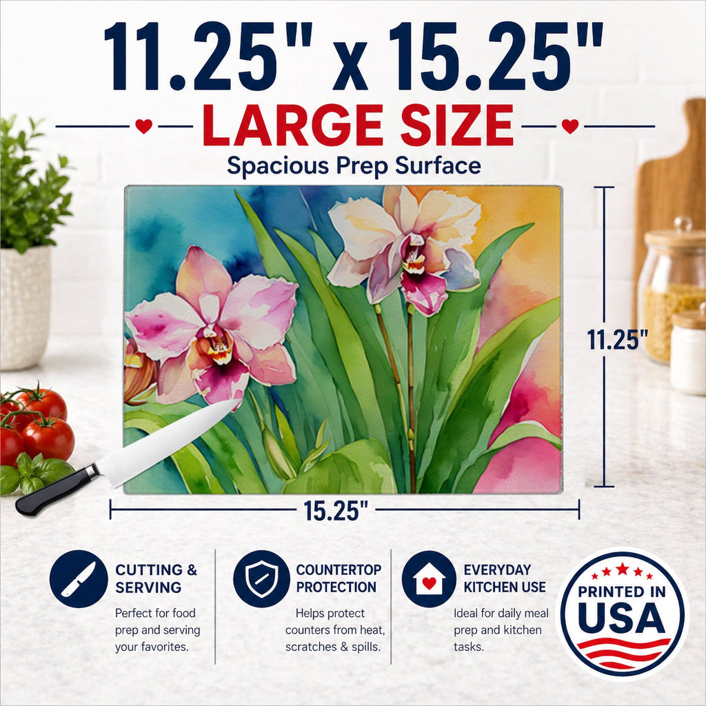 Orchids in Watercolor Cutting Board Tempered Glass Kitchen Cutting Surface, Heat Resistant Chopping, Non-Slip Feet, Food Prep & Serving