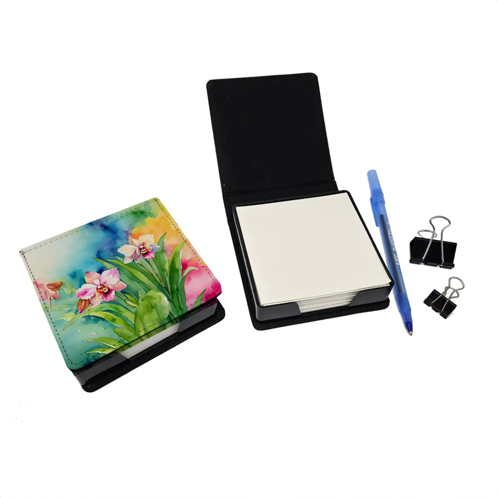 Orchids in Watercolor PU Leather Note Paper Holder with Artist-Designed Cover, Desk Accessory, Office Gift