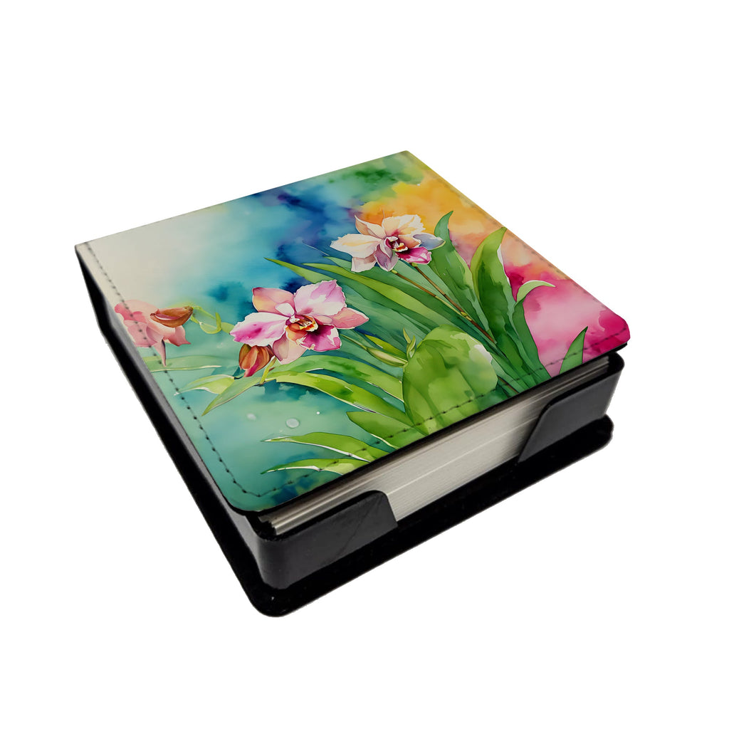 Orchids in Watercolor PU Leather Note Paper Holder with Artist-Designed Cover, Desk Accessory, Office Gift