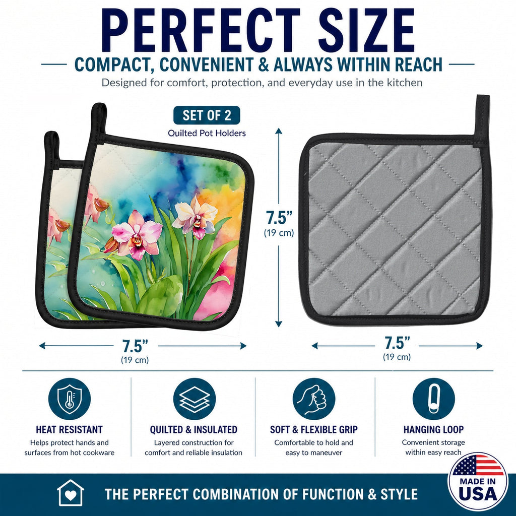 Orchids in Watercolor Pot Holder Set of 2 Heat Resistant Quilted Hot Pads 7.5 x 7.5 Inch, Insulated Kitchen Trivets for Cooking & Baking