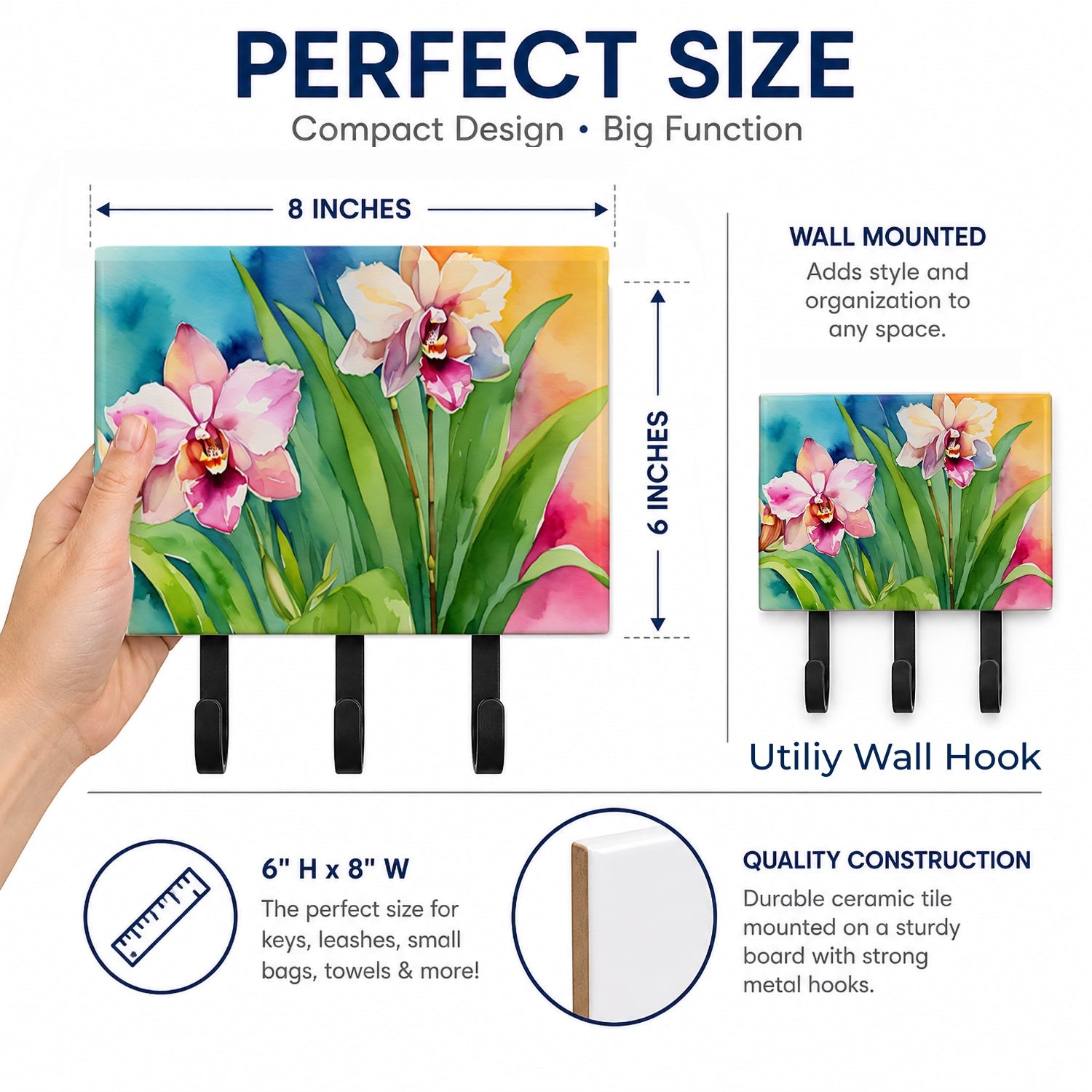 Orchids in Watercolor Leash or Key Holder Wall Hooks, Coat Rack Wall Mount, for Hanging Keys, Towels, Aprons, Leashes