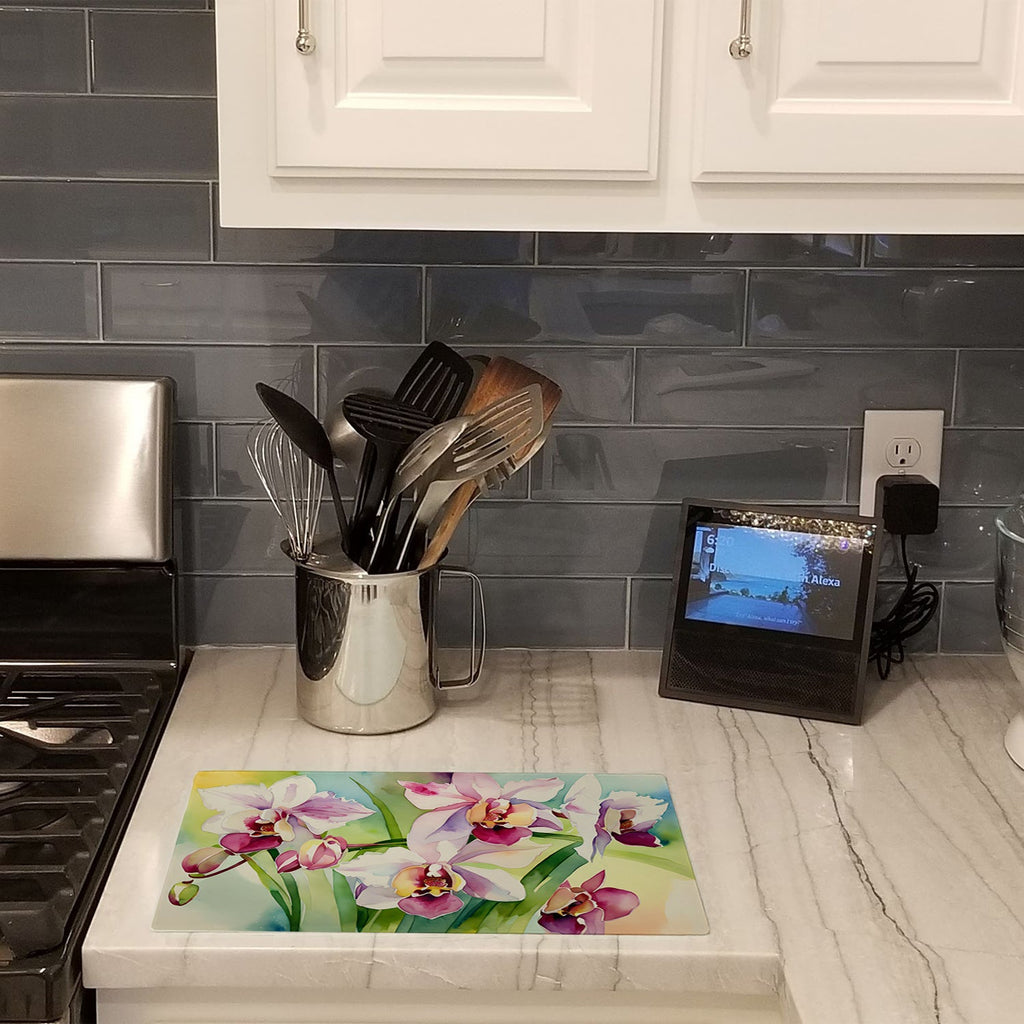 Orchids in Watercolor Cutting Board Tempered Glass Kitchen Cutting Surface, Heat Resistant Chopping, Non-Slip Feet, Food Prep & Serving