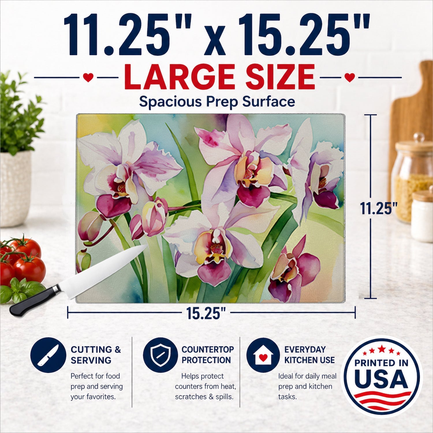Orchids in Watercolor Cutting Board Tempered Glass Kitchen Cutting Surface, Heat Resistant Chopping, Non-Slip Feet, Food Prep & Serving
