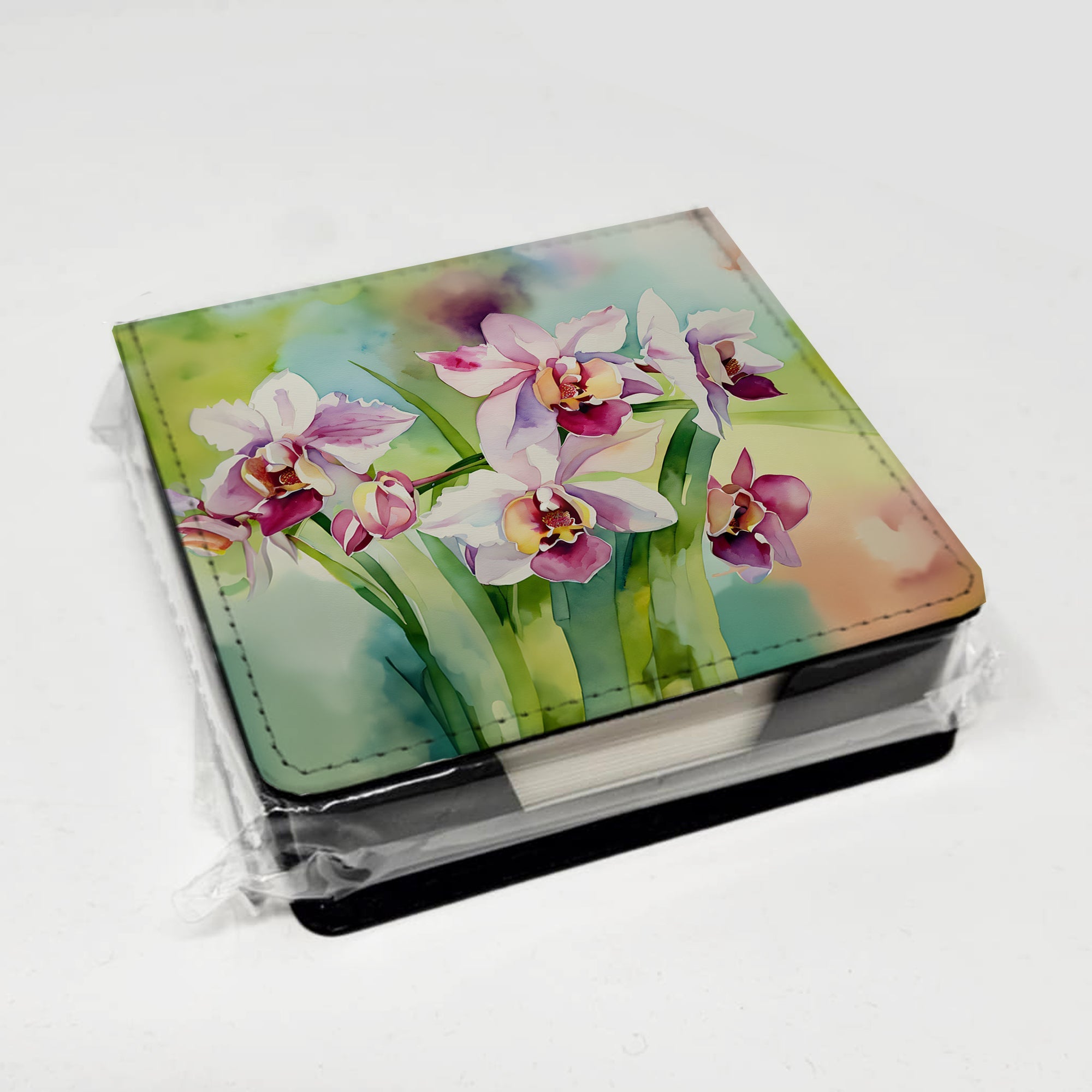 Orchids in Watercolor PU Leather Note Paper Holder with Artist-Designed Cover, Desk Accessory, Office Gift