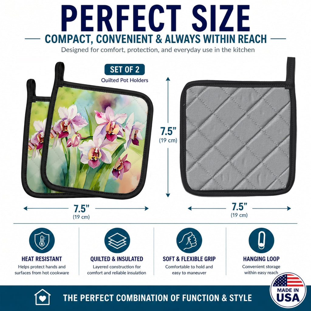 Orchids in Watercolor Pot Holder Set of 2 Heat Resistant Quilted Hot Pads 7.5 x 7.5 Inch, Insulated Kitchen Trivets for Cooking & Baking