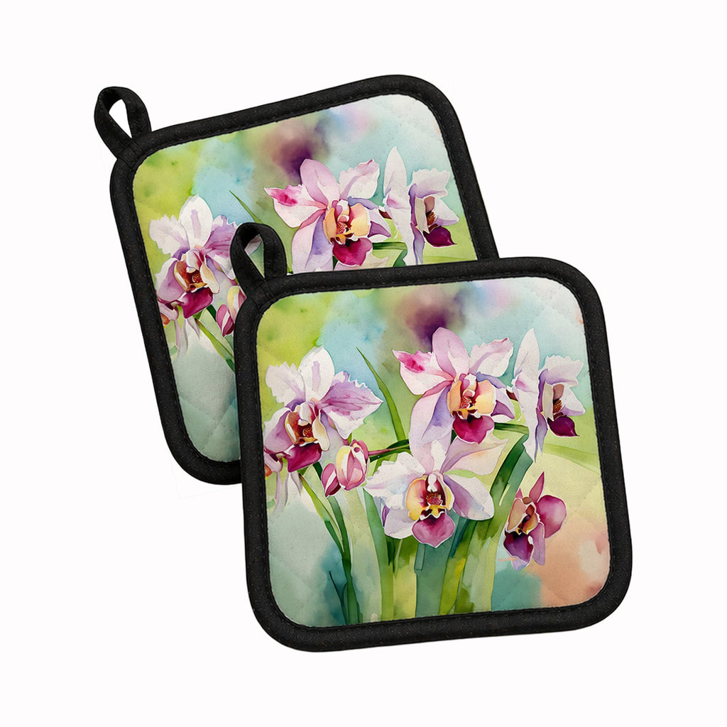 Orchids in Watercolor Pot Holder Set of 2 Heat Resistant Quilted Hot Pads 7.5 x 7.5 Inch, Insulated Kitchen Trivets for Cooking & Baking