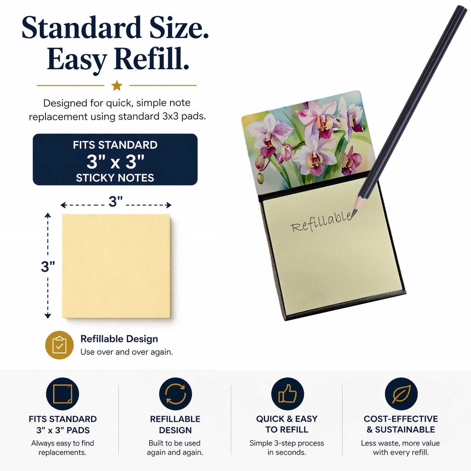 Orchids in Watercolor Watercolor Sticky Note Holder Refillable Dispenser Desk Accessory 3x3 Pad Gift