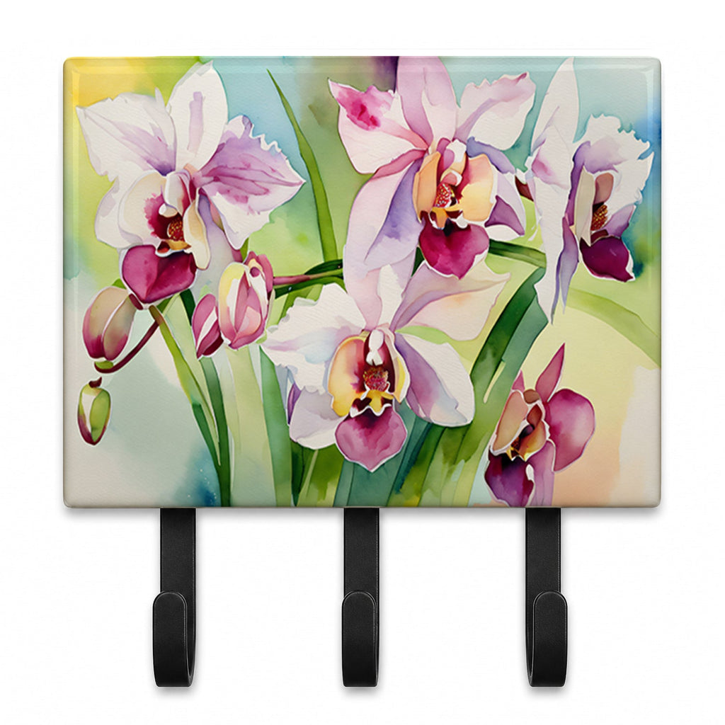 Orchids in Watercolor Leash or Key Holder Wall Hooks, Coat Rack Wall Mount, for Hanging Keys, Towels, Aprons, Leashes