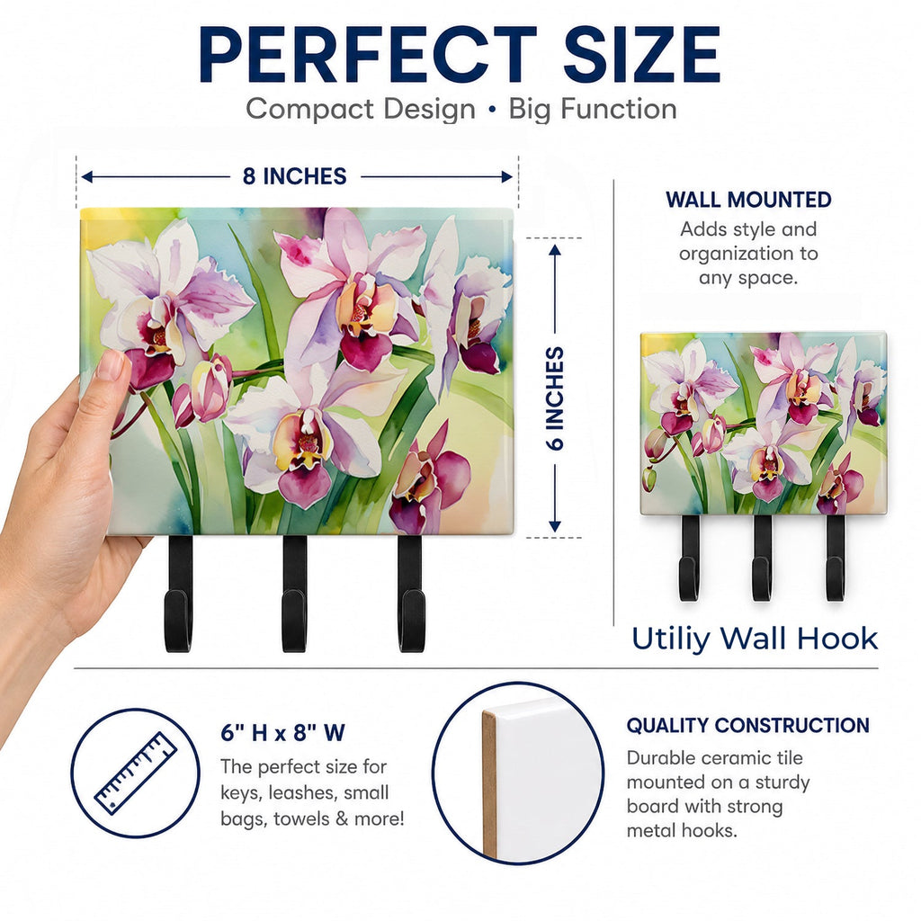 Orchids in Watercolor Leash or Key Holder Wall Hooks, Coat Rack Wall Mount, for Hanging Keys, Towels, Aprons, Leashes