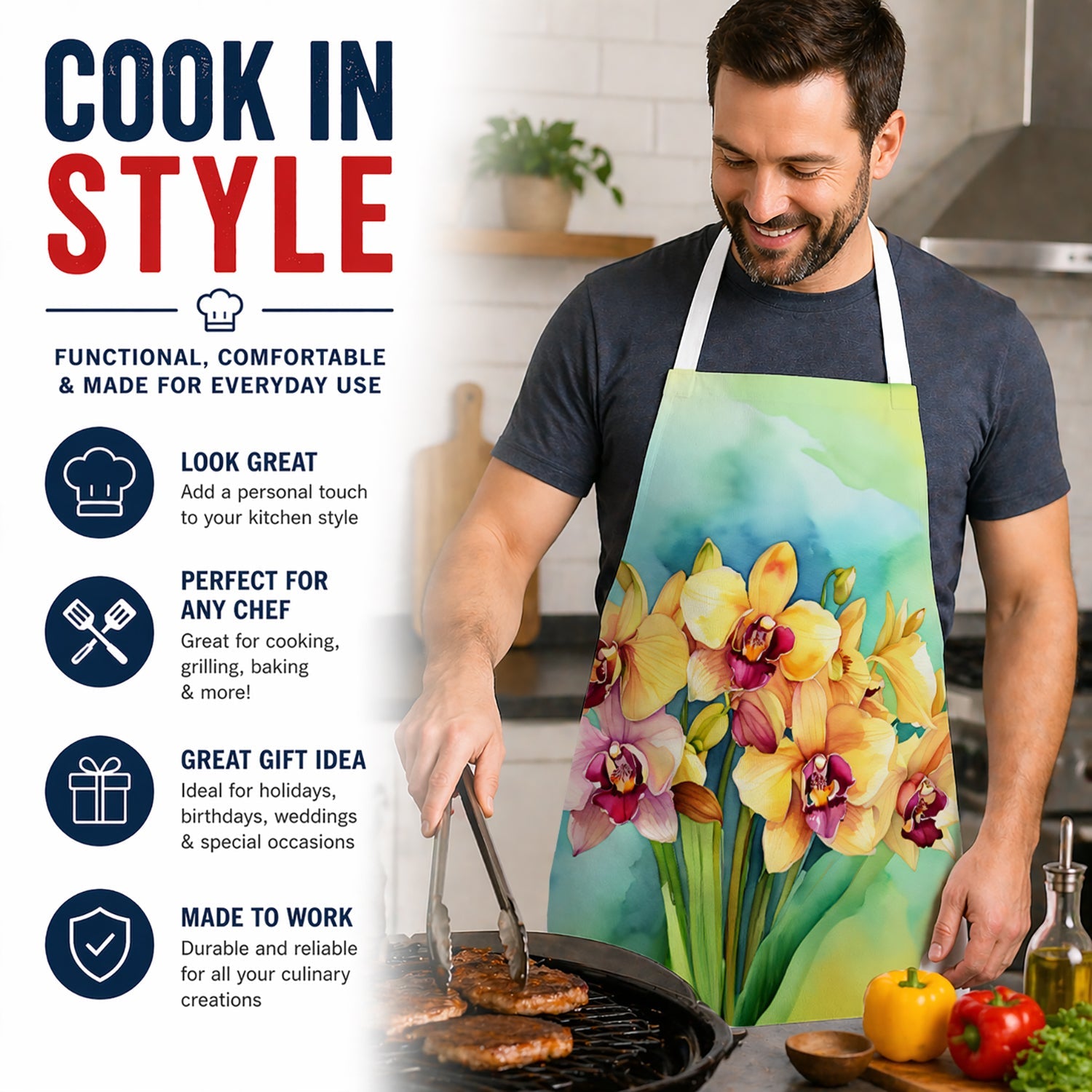 Orchids in Watercolor Apron Cooking Kitchen Server Baking Crafts Gardening for Adult Women Men, Unisex, Large, Multicolor